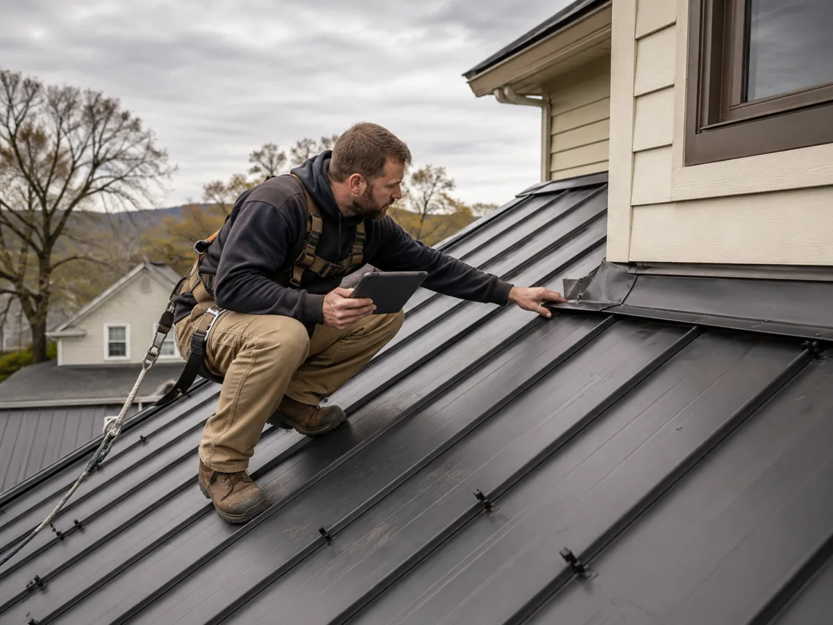 Illustration of a roofing professional inspecting metal-roof flashing and documenting the condition
