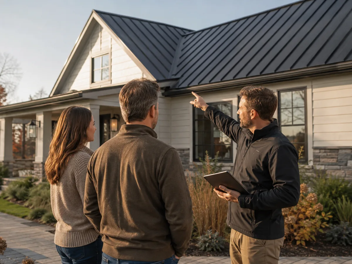 Illustration of a roofing professional guiding homeowners through the next step for their roof